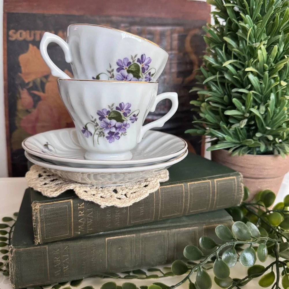 Designpac Purple Violet Floral Porcelain Tea Cup and Saucer Set of 2 Gold Rim